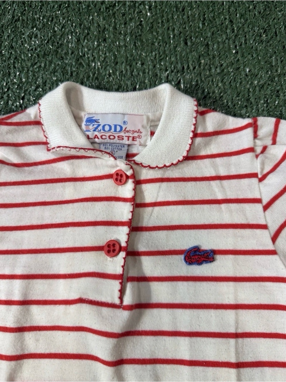 VTG Izod Lacoste Striped Polo Shirt Collar Girl Size 5 Pink Alligator Button Up - Picture 3 of 7